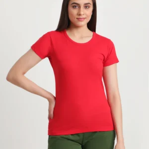 Women Slim Fit 100% Cotton Cool Round Neck Half Sleev Solid Tshirt Red