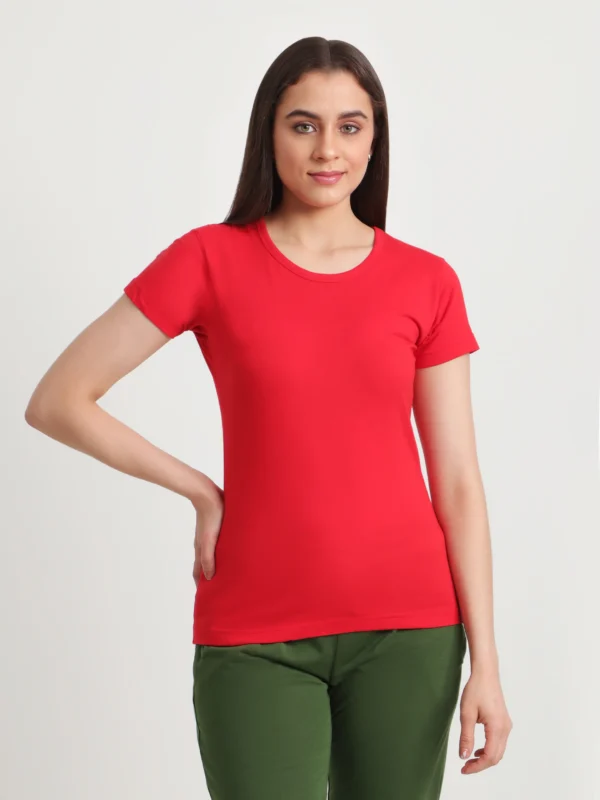 Women Slim Fit 100% Cotton Cool Round Neck Half Sleev Solid Tshirt Red