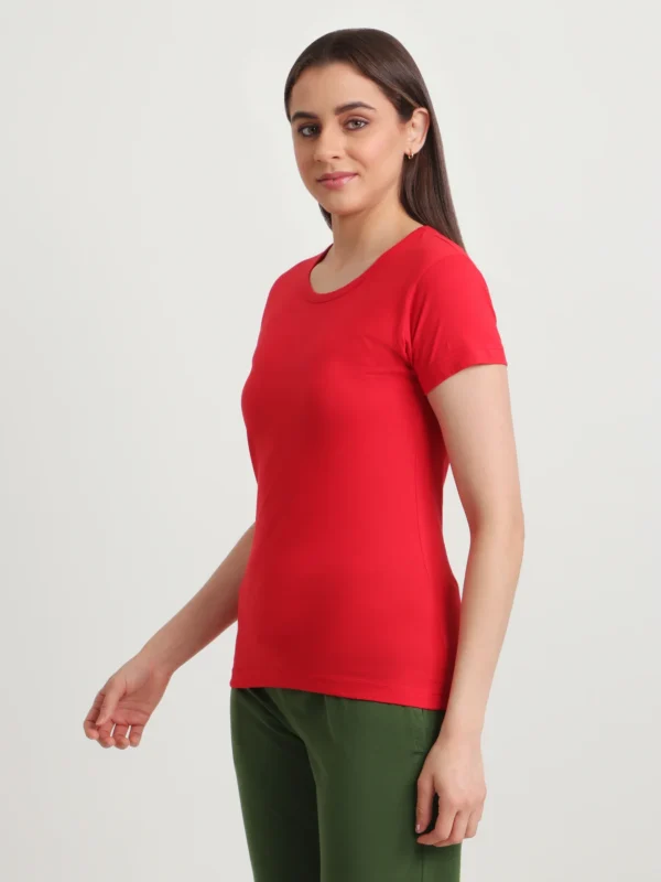 Women Slim Fit 100% Cotton Cool Round Neck Half Sleev Solid Tshirt Red - Image 2